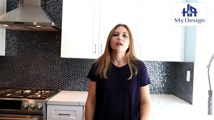 A homeowner speaking to camera in her finished kitchen in Agoura Hills.